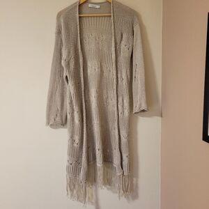 Italian Women's Open Front Crochet Knit Long Duster Cardigan With Fringe Trim L